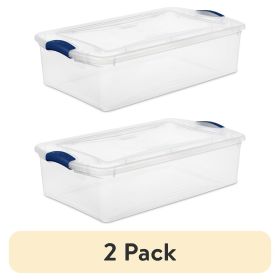 (2 pack) 32 Quart Medium Latching Storage Bin, Clear Plastic Storage Container with Latch Lid, Blue