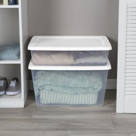 Small Storage Bin, 28 Quart Clear Plastic Storage Container with Snap-On Lid, White 6 Pack